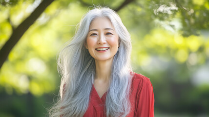 Naklejka premium 公園で微笑む銀髪の日本人女性