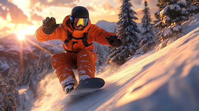 Snowboarder carving down snowy mountain slope at sunset.