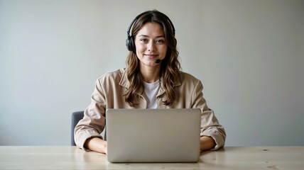 Young woman in headphones using laptop for online education and tutoring at desk
