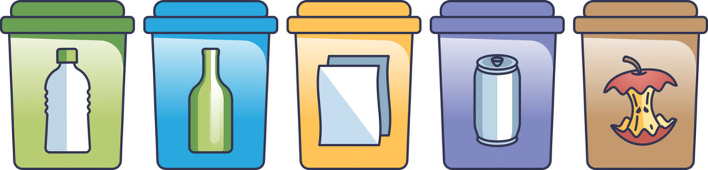 Illustration of five recycling bins for plastic, glass, paper, metal, and organic waste.