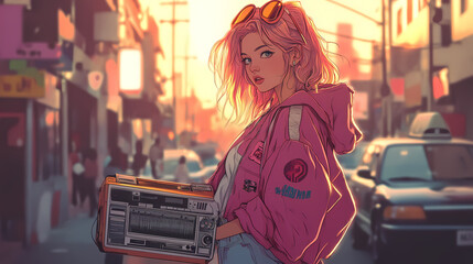 Obraz premium Retro Anime Manga Illustration of a Cute Girl with Boombox and 90s Vibes