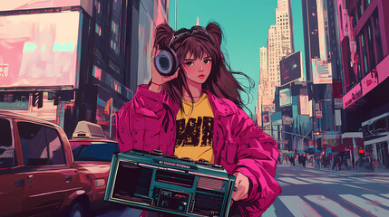 Retro Anime Manga Illustration of a Cute Girl with Boombox and 90s Vibes