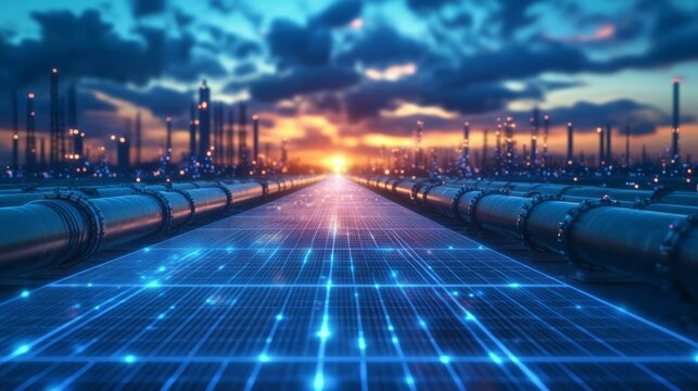 Futuristic industrial landscape with pipelines and a glowing digital grid under a sunset sky.