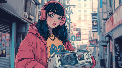 Retro Anime Manga Illustration of a Cute Girl with Boombox and 90s Vibes