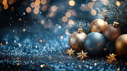 Sparkling Christmas Ornaments Festive Holiday Background Blue Gold Glitter