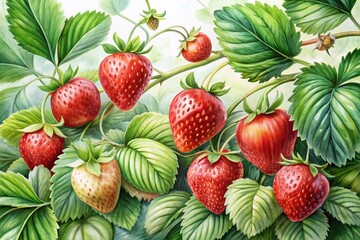 Monochromatic Watercolor Illustration of Strawberry Branches with Lush Green Leaves and Ripe Red Fruit, Captured with High Depth of Field for an Artistic Touch