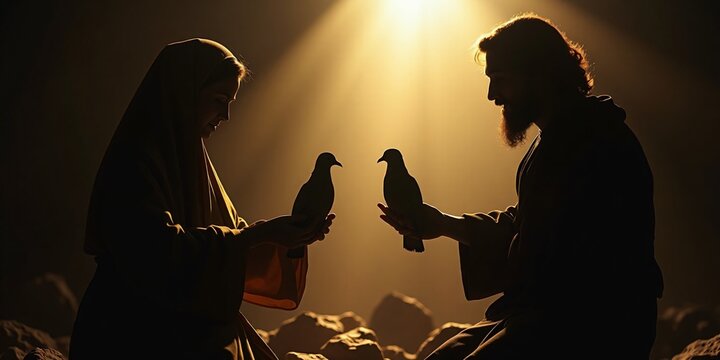 Mary and Joseph Offering a Sacrifice, The Holy Family presenting two doves as an offering during the temple ritual