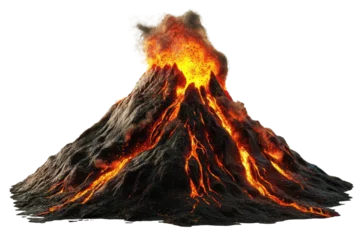 Gordijnen A fiery volcano erupts, spewing lava and smoke, showcasing natural power and earth's geological activity. © Sodapeaw