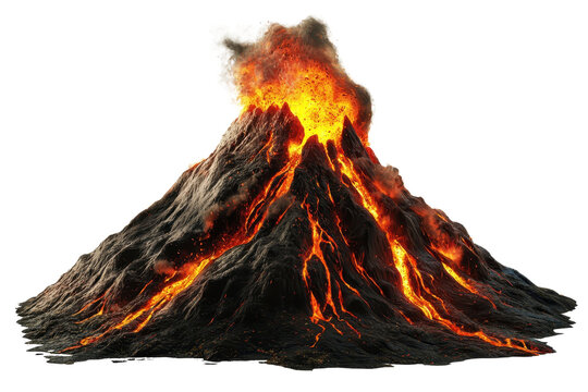 A fiery volcano erupts, spewing lava and smoke, showcasing natural power and earth's geological activity.