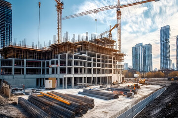 Fototapeta premium Building under construction industrial development. Architecture and design of modern urban environments. Business or residential building being built