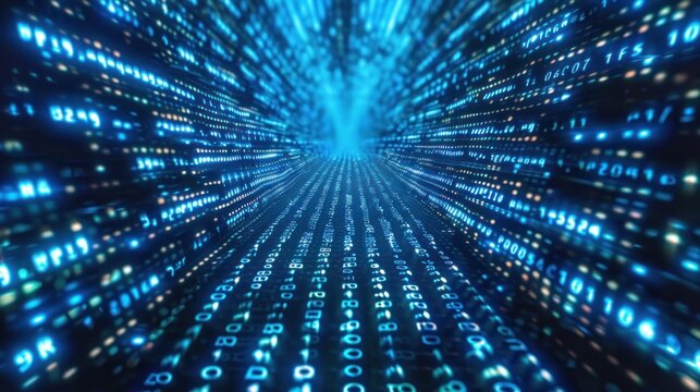 Digital data stream of binary code background with a blue glow and bokeh effect.