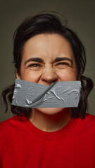 Close-up of woman with duct tape covering mouth, expressing anger and frustration, symbolizing enforced silence and suppression of rights. Concept of human rights, social issues, freedom, censorship