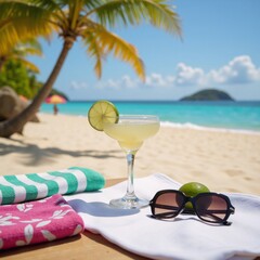 Tropical beach scene featuring relaxing summer vibes and a refreshing margarita