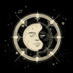 Vector illustration set of moon phases. Different stages of moonlight activity in vintage engraving style. Zodiac Signs	
