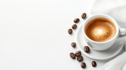 A perfectly brewed black espresso in a white ceramic cup, resting on a saucer with coffee beans, steam gently rising, isolated on clean white backdrop