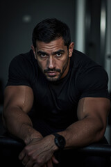 Obraz premium Portrait of strong, muscular man leaning on gym equipment, gazing intently at camera, displaying determination and focus, in fitness setting