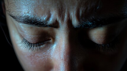 Intimate close-up of a person's face, focusing on furrowed brows and closed eyes, conveying deep emotion or contemplation.