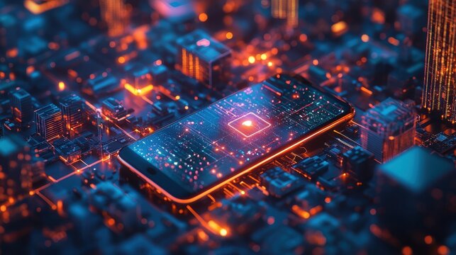 A futuristic smartphone with 6G network waves connecting smart devices in a smart city, symbolizing seamless IoT integration and connectivity.