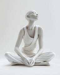 Obraz premium A serene figure in white sits cross-legged, embodying peace and tranquility in a minimalist setting.