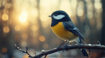 Obraz premium A majestic Great tit (Parus major) standing on a bare branch, its striking yellow and black feathers glowing softly in the peaceful forest light.