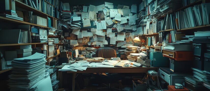 Cozy Home Office with Overwhelming Paperwork and Books Creating a Cluttered Yet Productive Workspace Ambiance