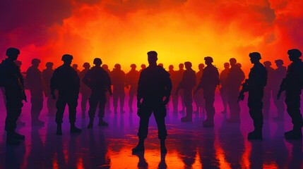Fototapeta premium Soldiers silhouetted against a dramatic, fiery background, evoking themes of conflict and unity.