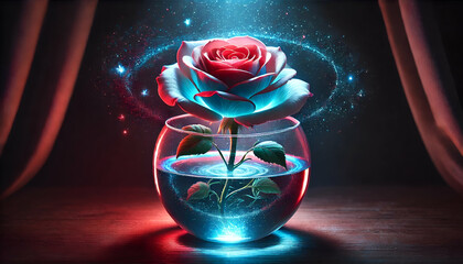 Magical Blue and Red Rose Growing in a Glass Cup with Radiant Glow.