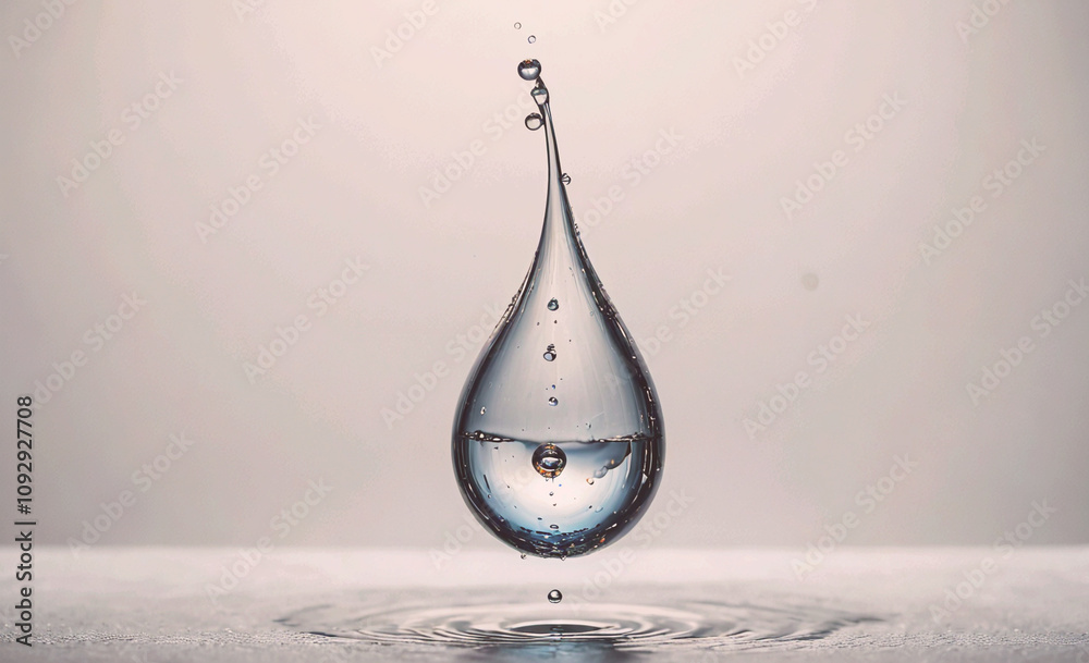 Poster single water droplet is suspended in the air, with water surrounding it. the droplet appears to be f