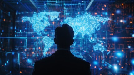 A silhouette of an AI female with glowing red and blue lights on her face.