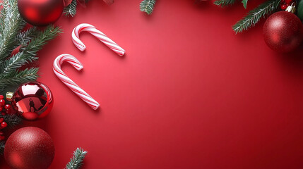 Festive Christmas flat lay with candy canes, fir branches, and red ornament on a red background. Perfect for holiday greeting cards, social media posts, and seasonal design projects. Minimalist and mo