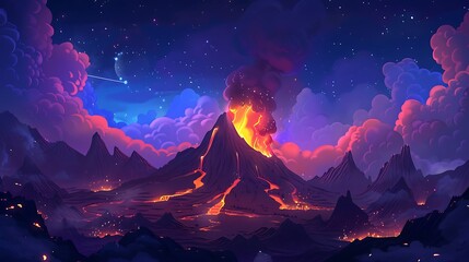 A vibrant digital illustration of a volcanic eruption under a starry sky, showcasing intense colors and dramatic clouds.