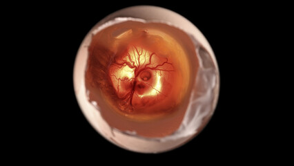 Chicken embryo under a microscope, on the fifth day of development. Visible blood vessels