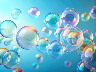 Aesthetic soap bubbles on a soft blue backdrop, showcasing cleaning products and detergents, emphasizing home care and hygiene through captivating visuals for a fresh environment.