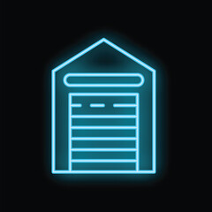 Bright blue neon garage icon glowing on a black background, representing concepts such as construction and industry