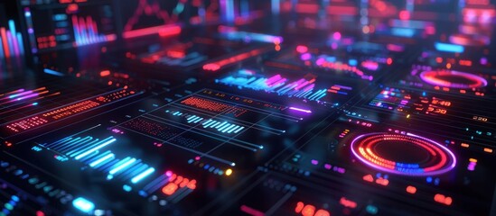 Obraz premium High-tech digital display showing data visualizations and graphs, glowing with neon lights in vibrant colors.