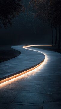 Illuminated curved path at night in a misty park