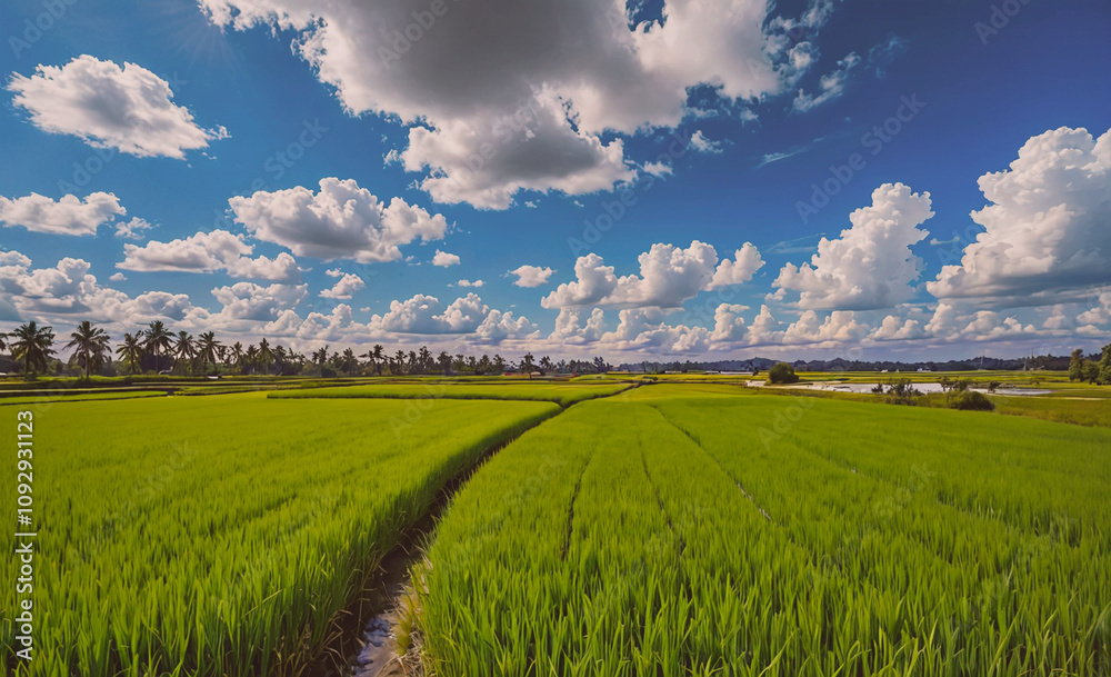 Aufkleber field of green rice with a path through it. the sky is cloudy and the sun is shining