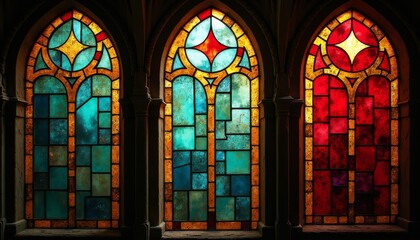 Obraz premium Ecclesiastical dark stained glass windows with colorful muted red, blue, and amber patterns