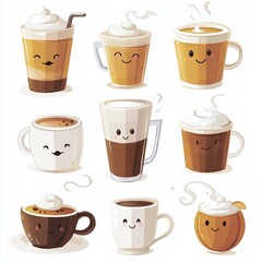Obraz premium Collection of cute and smiling coffee cups with different styles and toppings displayed on a bright background