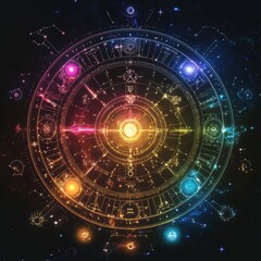 Obraz premium horoscope calendar with vibrant astrological symbols placed next to a cup of herbal tea and a crystal sphere