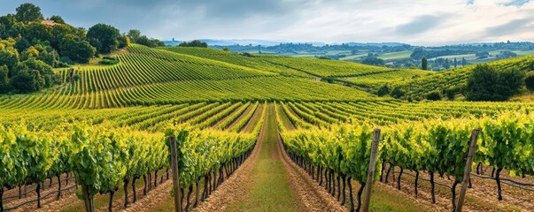 Fototapeta premium Rolling vineyards with blank sky area, ideal for adding text, landscape graphic, wine country