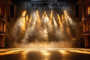 Fototapeta premium empty Illuminated stage with scenic lights and smoke. white gold spotlight with smoke volume light effect on black background. Stadium cloudiness projector,orange Stage light at a concert