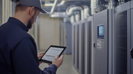 engineer reviewing HVAC system data on tablet in facility. environment features modern equipment and professional atmosphere