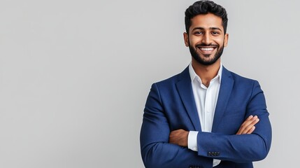 charismatic indian handsome young businessman in smart casual attire confident pose with folded hands against clean white backdrop warm smile conveys approachability and professionalism modern corpora