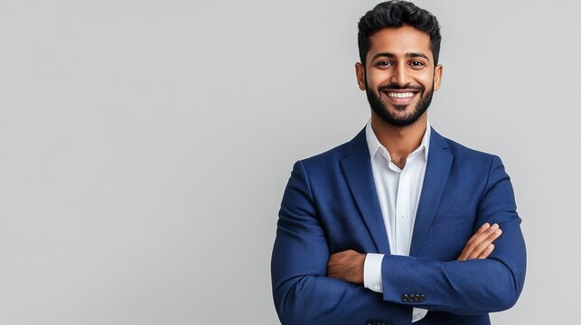 charismatic indian handsome young businessman in smart casual attire confident pose with folded hands against clean white backdrop warm smile conveys approachability and professionalism modern corpora