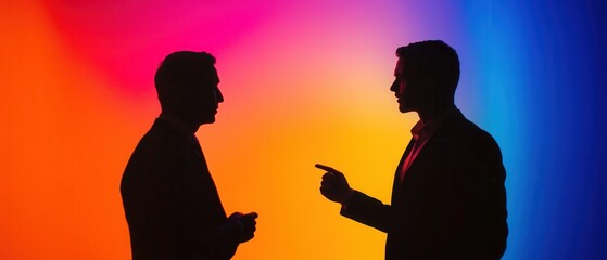 Two businessmen in silhouette discussing ideas.