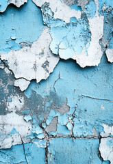 Obraz premium A brick wall painted light blue with areas of damaged and peeling paint, giving a textured surface that is visually interesting and full of Close-up of a weathered blue wall with peeling paint 