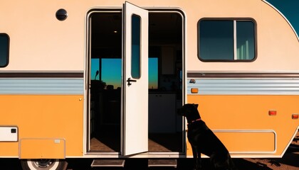 Curious dog standing at the entrance of a colorful RV on sunny day