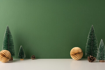 A still life minimalist setup featuring festive decorations including small pine trees and pine cones on a green background, creating a serene holiday atmosphere