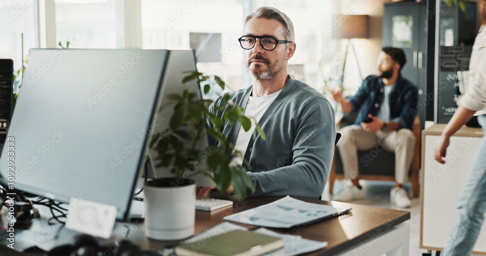 Poster Business, computer and web development with man in creative workplace for design or programming. Cybersecurity, language and system infrastructure with mature employee in office as website developer
